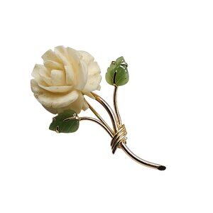 Vintage ART Signed Carved Rose Brooch With Jade Green Leaves 14K Gold-Filled Pin